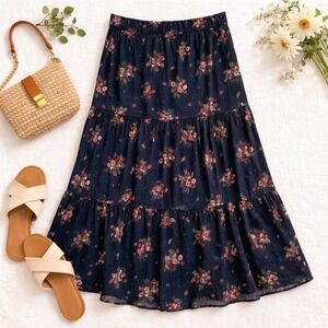 LOFT Boho Floral Clip Dot Tiered Midi Skirt Size L Navy Blue Sheer Overlay